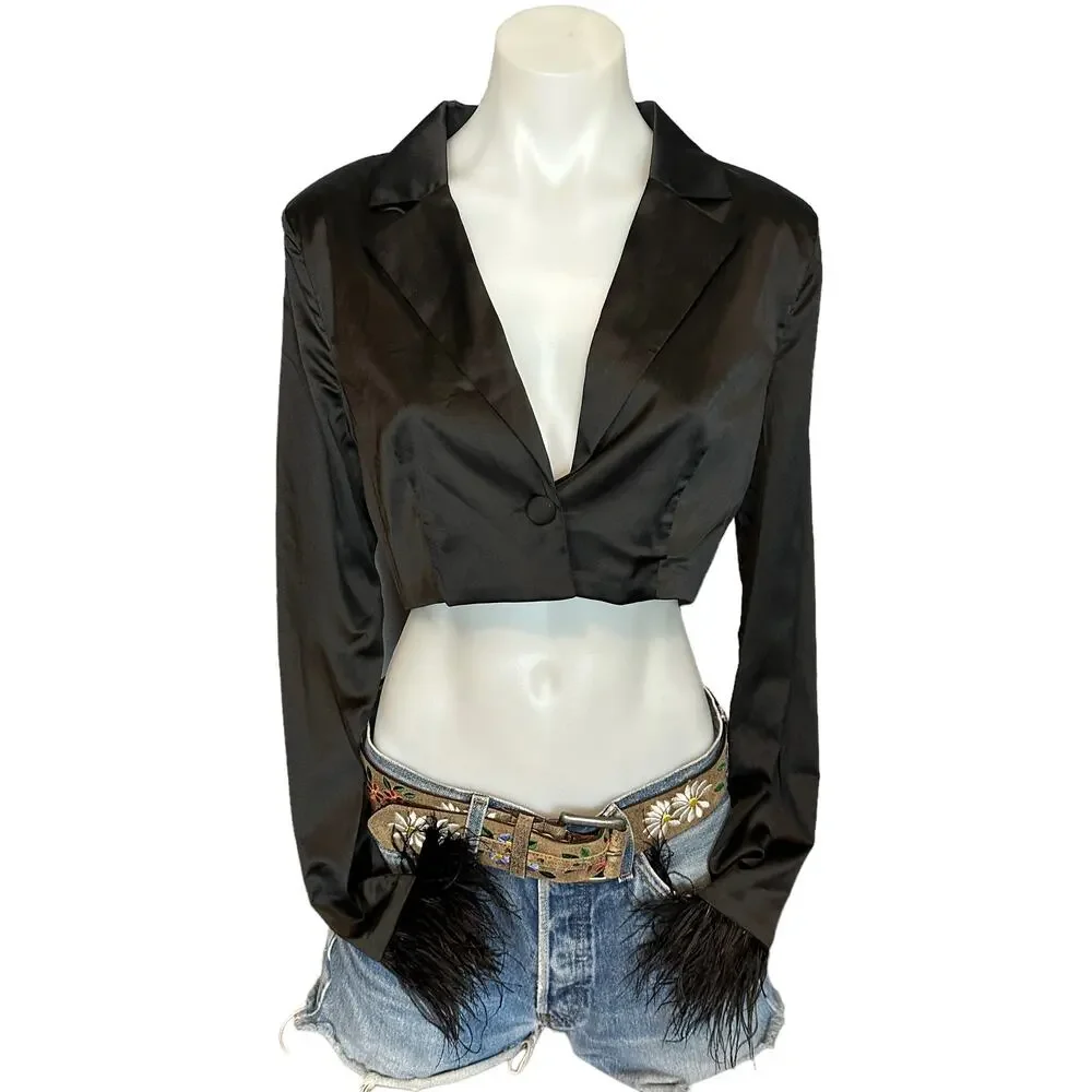 Revolve Black Crop Top MEDIUM Bolero Cocktail Satin Feathers More to Come NEW - Picture 5 of 8